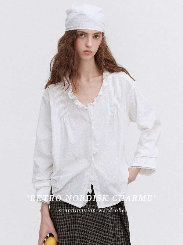 Wild Strawberry' Romantic Ruffled Embroidered Lace Deep V-Neck Gentle 100% Cotton Shirt for Women