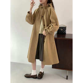 韩国东大门鸡蛋家 小众设计感宽松可拆卸连帽A字长款风衣外套女春