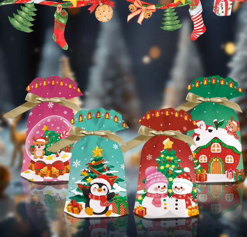 クロスボーダークリスマスプラスチック包装袋、スノーフレーククリスプ巾着袋、ホリデーベーキングビスケット、キャンディギフトバッグ卸売|undefined