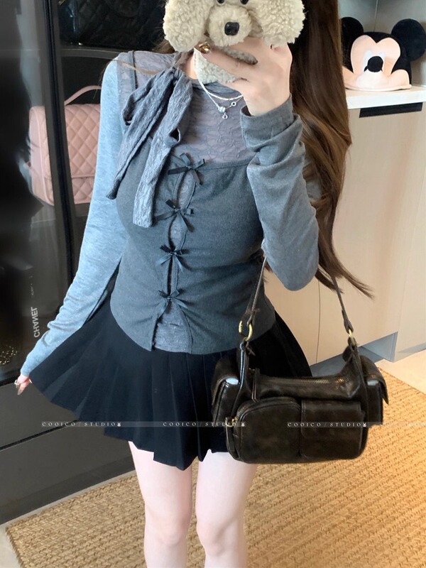 韩系时尚套装气质绑带长袖T恤女秋季修身显瘦百搭吊带背心两件套|undefined