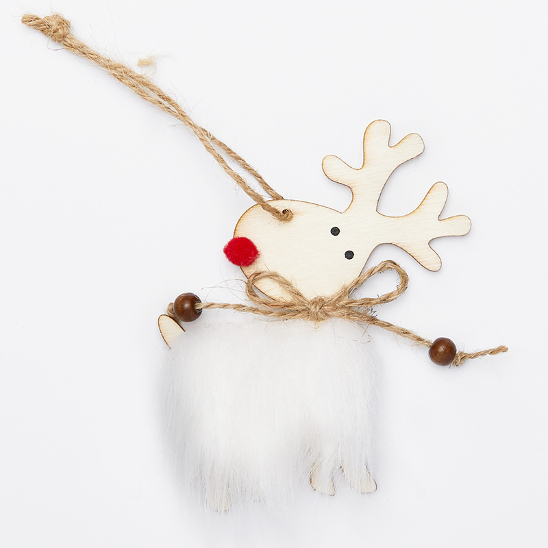 Madera de lana de madera de alce colgante de árbol de Navidad decoración de Navidad colgante de peluche marrón blanco de Navidad