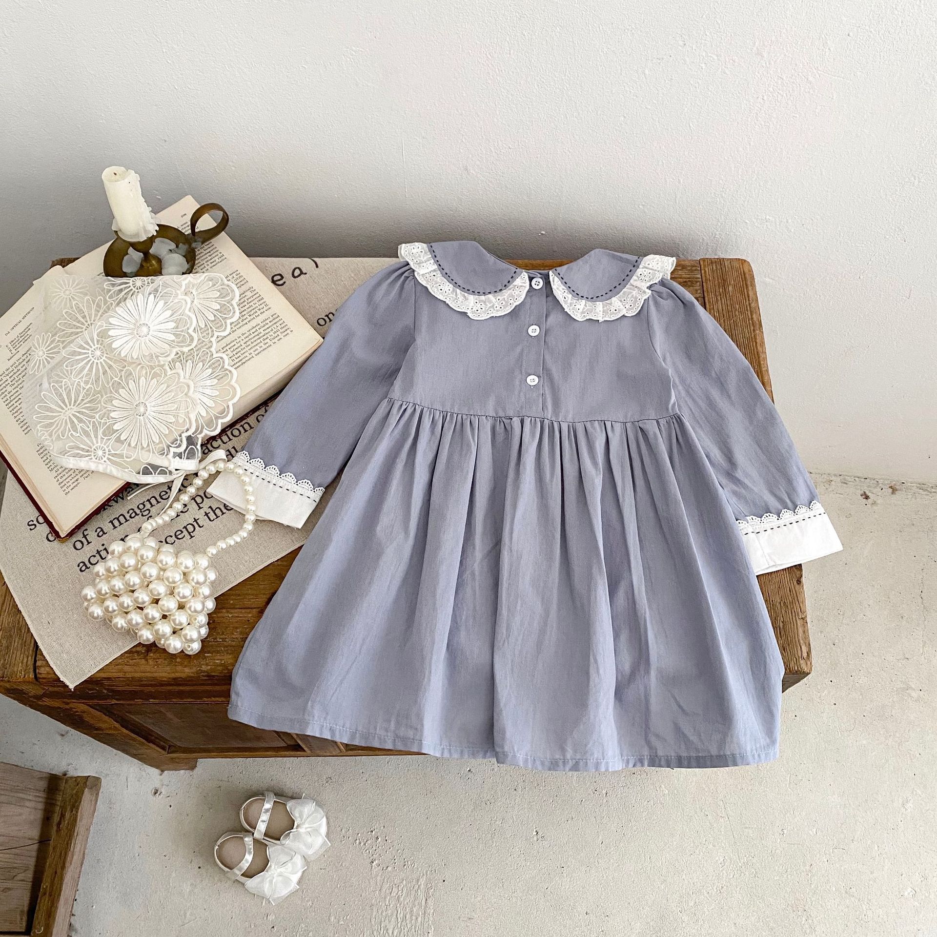 INS 2024 Herbst Baumwolle Klasse A Schwestern Mädchen Baby Spitze Puppe Hals Langarm Furz Gewickelt Romper + Rock_voghion.com