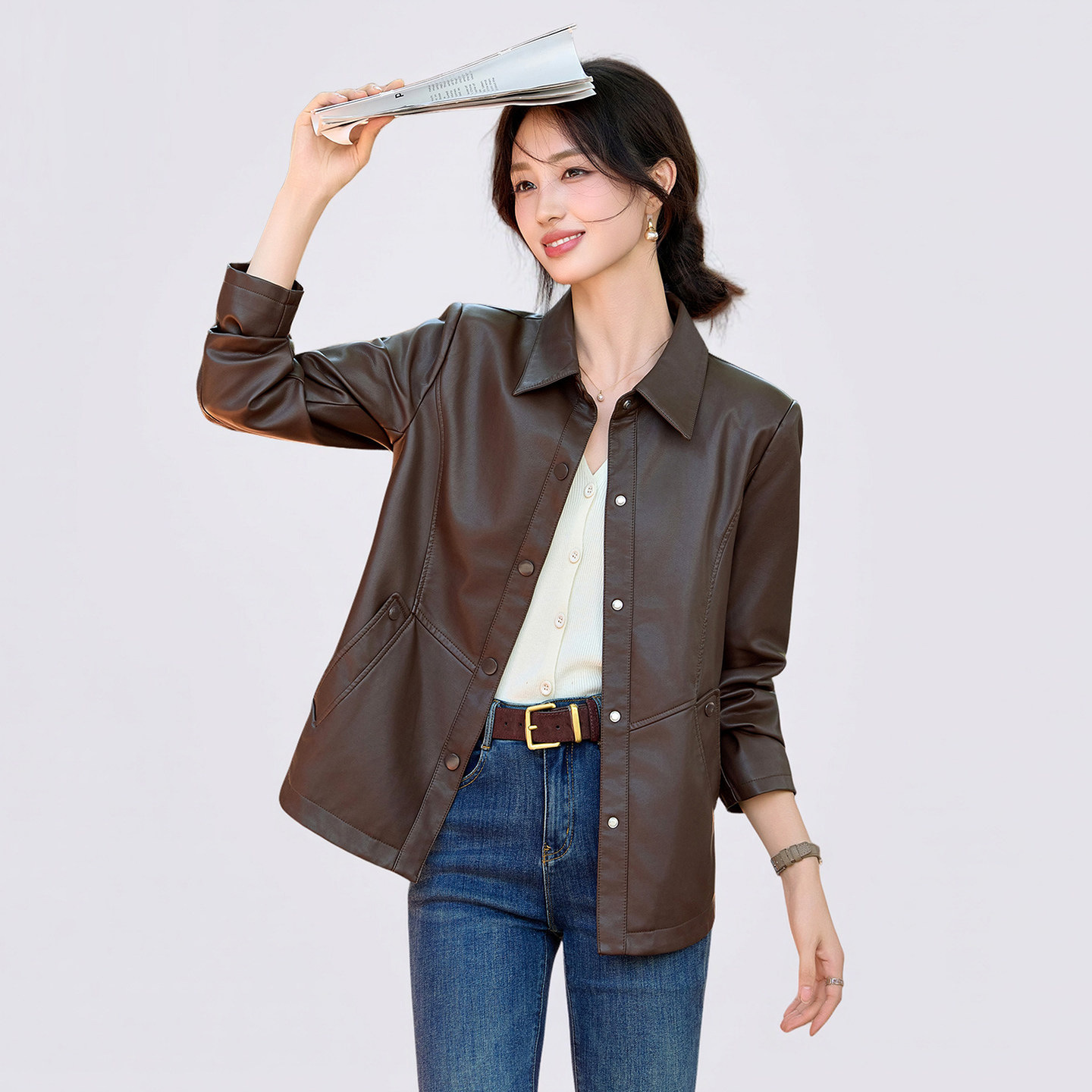 Women's 2026 Autumn New Collection: High-end, Retro, Casual, and Stylish PU Leather Jacket with a Stand-up Collar and a Fitted Shoulder Design