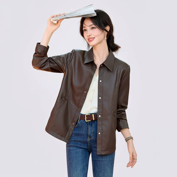 Women's 2026 Autumn New Collection: High-end, Retro, Casual, and Stylish PU Leather Jacket with a Stand-up Collar and a Fitted Shoulder Design