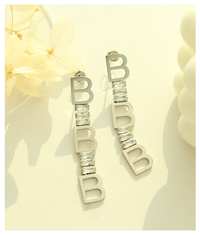 Fashion English Letter B Zircon Geometric Earrings Titanium Steel Drop Earrings display picture 3