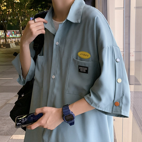 Men's Summer Thin-Padded Button-Down Short-Sleeve Shirt, Loose and Versatile Casual Trendy Instagram Hong Kong Style Japanese Five-Sleeve Outerwear