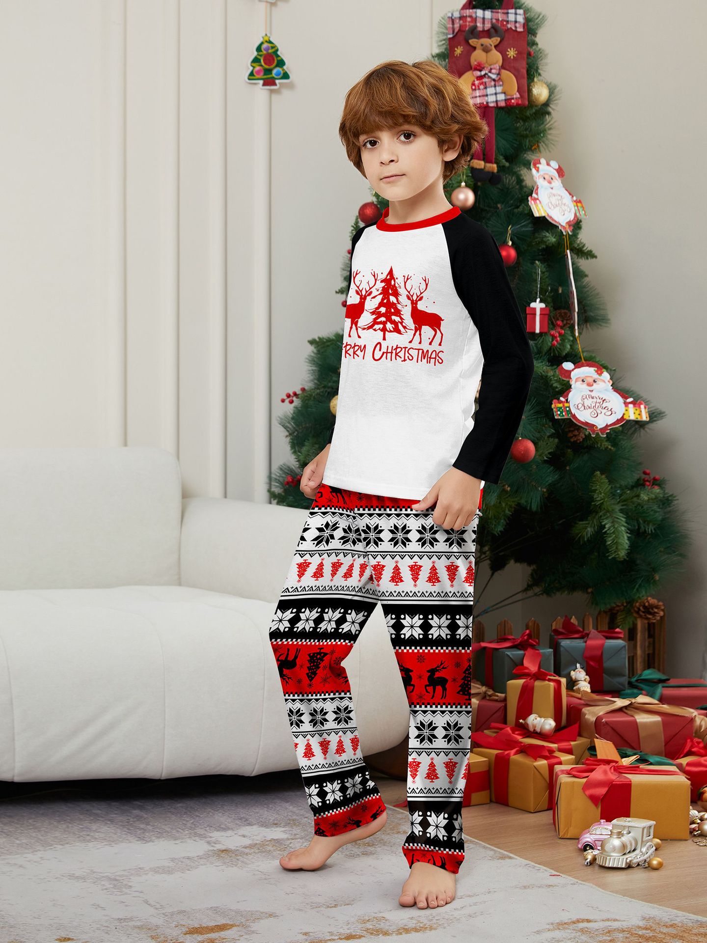 Robe de famille de Noël imprimée, pyjama, robe de maison, lettres de flocon de neige, Père Noël, cerf_voghion.com