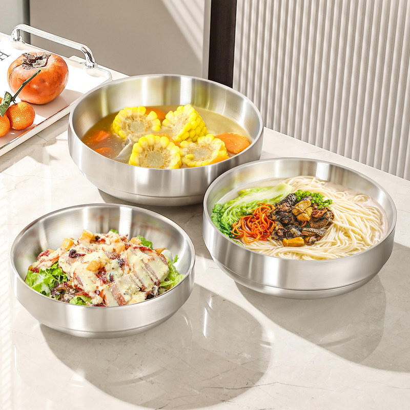 Stainless steel cold noodle bowl, Korean-style bibimbap bowl, large double-layer noodle bowl with lid, for home use, soup noodles, ramen Stainless steel cold noodle bowl, Korean-style bibimbap bowl, large double-layer noodle bowl with lid, for home use, soup noodles, ramen