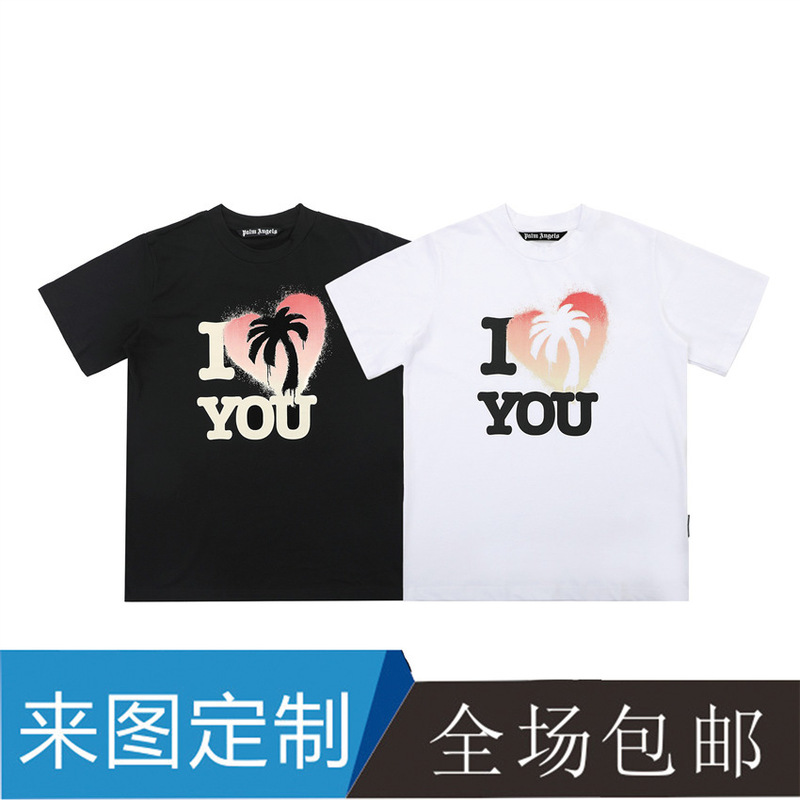 Palm Angels Palm Angel Pa Heart Palm Tree Print Short-Sleeved American Casual Loose Round Neck T-Shirt Summer