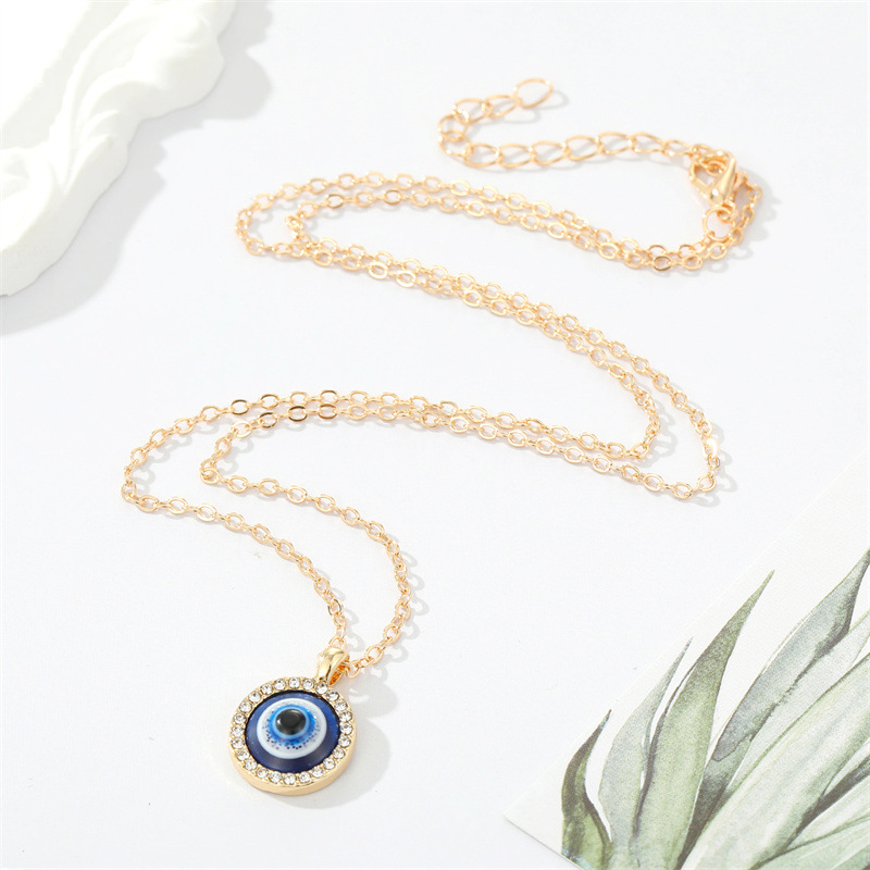 retro trend point diamond round Turkish eye pendant necklace clavicle chain
