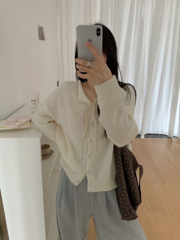 韩系甜美蝴蝶结蕾丝系带领毛衣开衫外套秋季法式软糯针织衫上衣女|undefined
