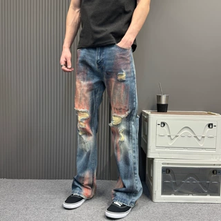 设计款欧美风hiphop痞帅破洞印染炸街微喇牛仔裤男款小众高街长裤