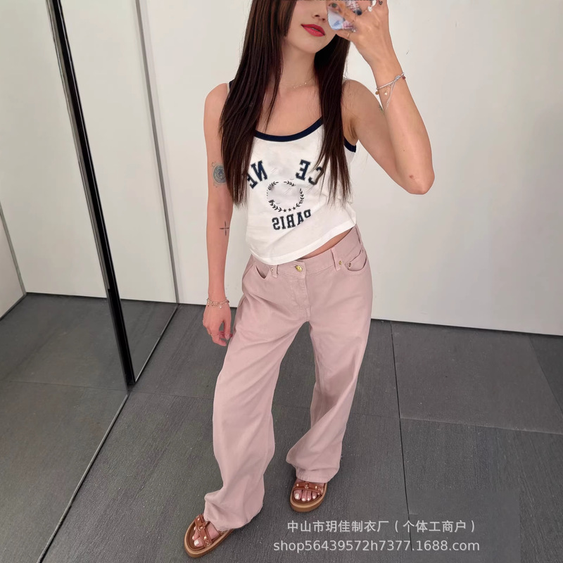 European and American Style Women's Denim Wholesale Model Arc De Triomphe New Light Pink Plain Straight-Leg Slim-Fit Versatile Women's Jeans European and American Style Women's Denim Wholesale Model Arc De Triomphe New Light Pink Plain Straight-Leg Slim-Fit Versatile Women's Jeans