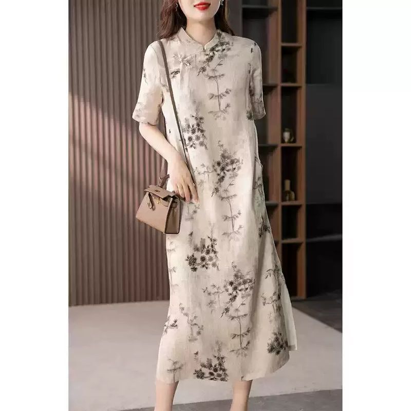 Chinese-style cotton-linen dress for women, summer vintage loose-fitting printed dress, elegant and slimming, improved cheongsam long dress Chinese-style cotton-linen dress for women, summer vintage loose-fitting printed dress, elegant and slimming, improved cheongsam long dress