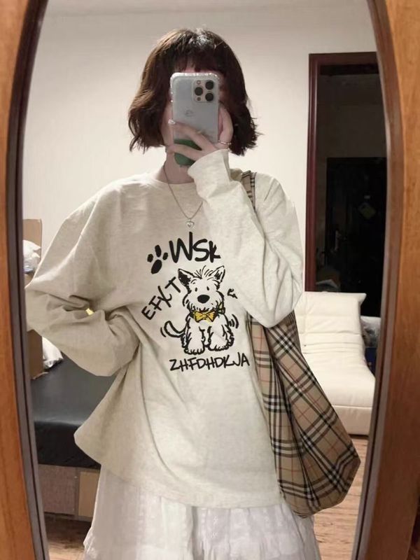 美式长袖t恤女春秋新款宽松慵懒风小众设计感打底衫上衣|undefined