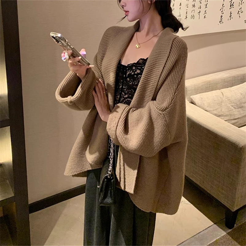 慵懒风翻领毛衣外套女秋冬装新款宽松外搭松弛感长袖针织开衫上衣|undefined