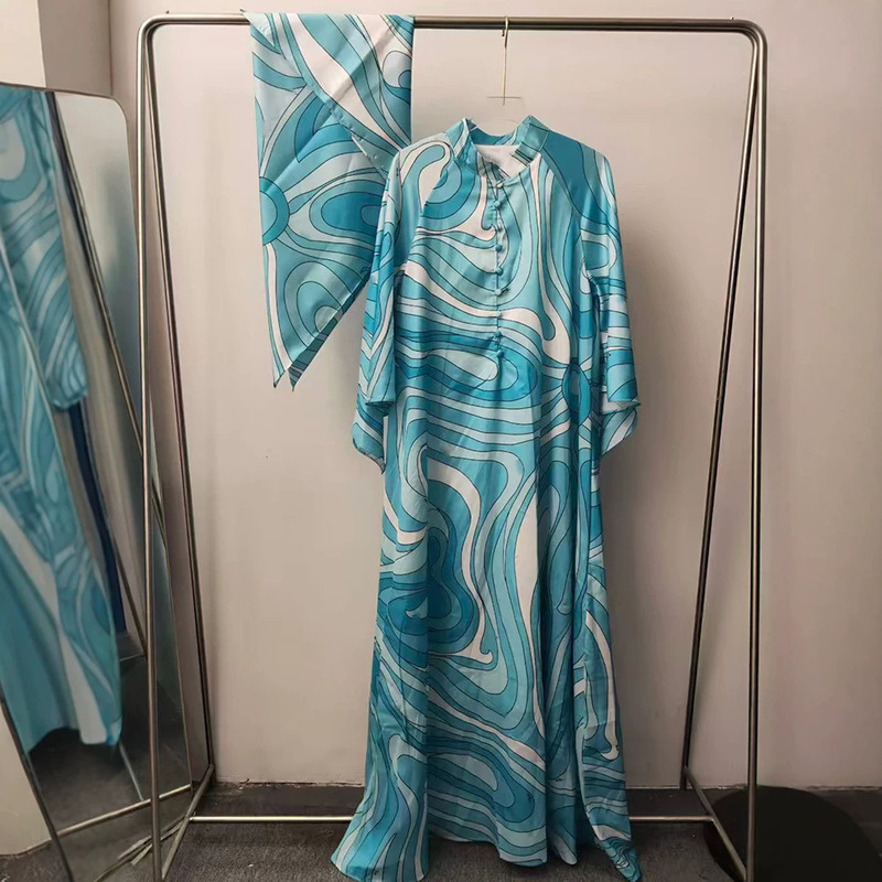 2026 Summer Vacation Style Geometric Print Single-Breasted Pullover Dress + Headscarf Silk Scarf A-Line Shirt Long Dress