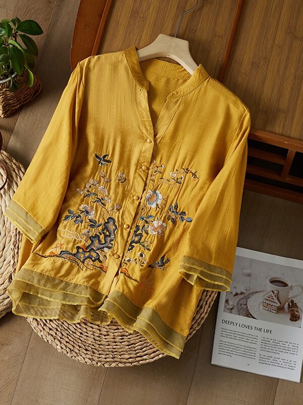 文学レトロ刺繍シャツトップ 2025 夏の新スタイルヘビーウェイト刺繍ボタン付きコットンとリネンシャツ|undefined