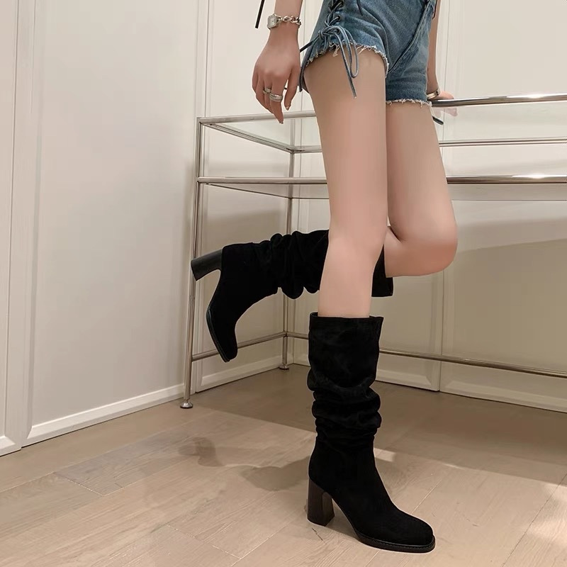欧美辣妹拽酷通勤百搭绒面西部牛仔靴2025新款舒适粗跟高筒堆堆靴|undefined