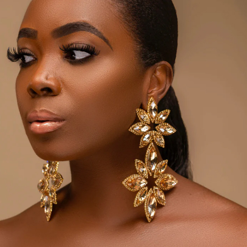 Retro Flower Rhinestone Drop Earrings Crystal Earrings 1 Pair