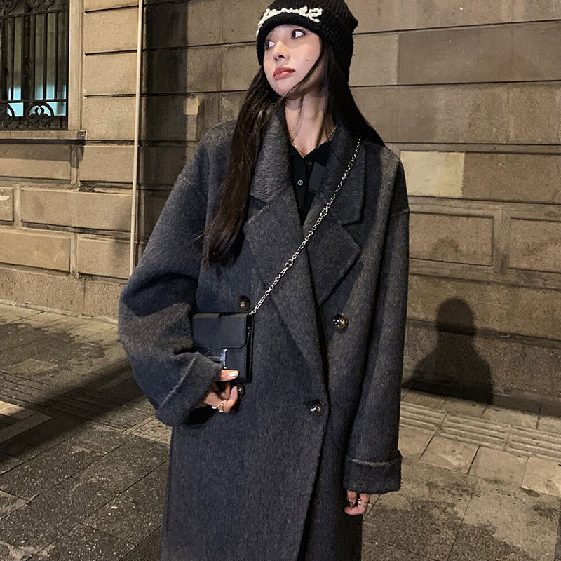 Double-Sided Wool Outwear for Women, Double-Breasted Classic Korean Style Loose Square Collar Classy Woolen Outwear, Autumn and Winter New Style