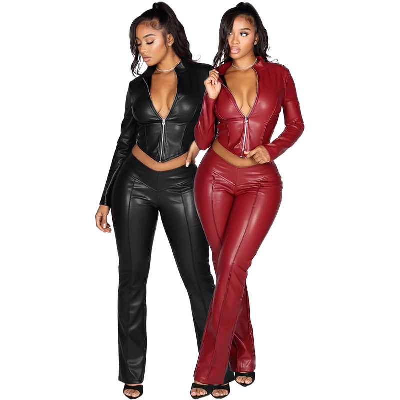 Hr25059 European and American Fashion Women's Slim-Fit Zipper Stretch Leather Jacket Casual Flared Pants Two-Piece Set for Women