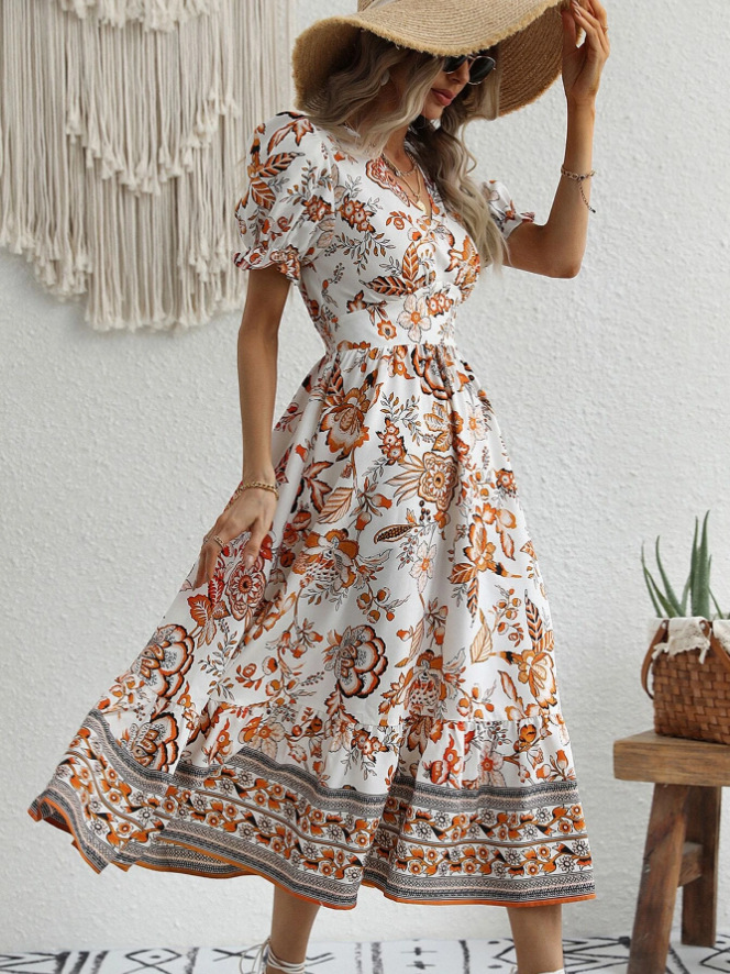 Printing Pattern Summer Season Women's Gender Wholesale Women's Vintage Style Vacation Printing Printing Holiday Travel V Neck Short Sleeve Swing Dress