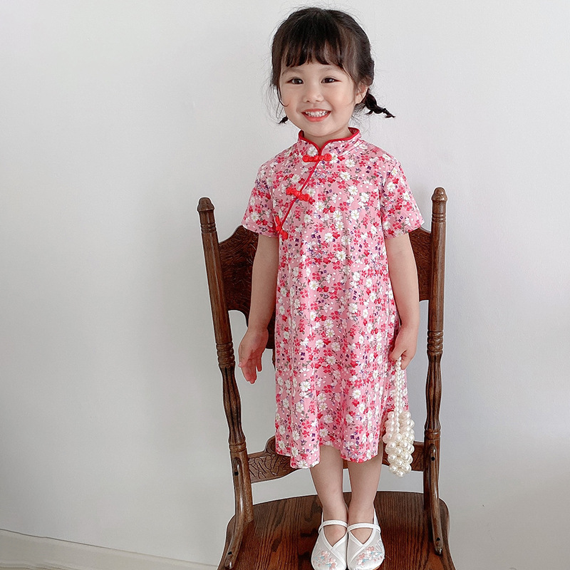Summer Style Girls'Improved Cheongsam Short-sleeved Children's Ethnic Chinese Style Dress Small And Medium-sized Children's Floral Skirt