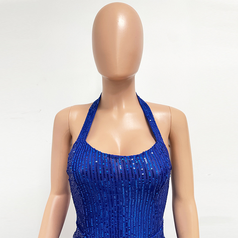 Cocktailjurk voor dames met split pailletten en halterstijl_voghion.com