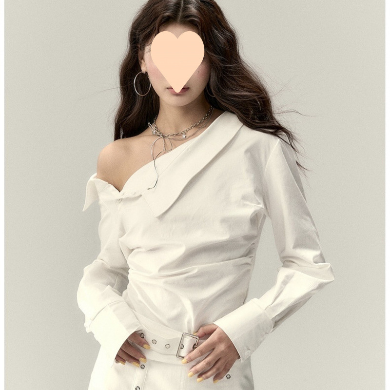 设计感小众露肩褶皱腰带短款衬衫女装2025春季新款修身辣妹上衣潮|undefined