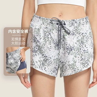 新款欧美碎花运动短裤女防走光假两件宽松速干透气跑步健身瑜伽裤