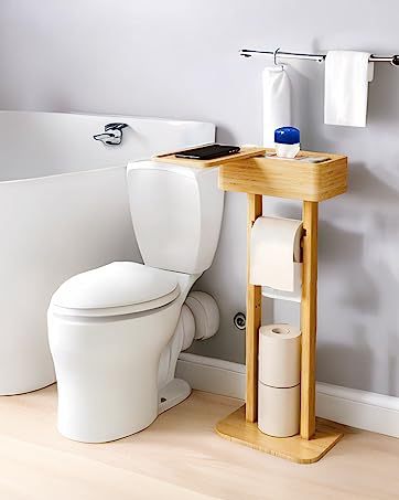 木制卫生纸架带储物架竹制立式卫生纸卷卫生纸分配器收纳木架浴室