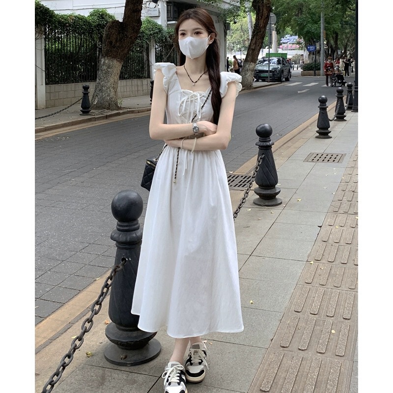 French Style White Small Flying Sleeve dress Women's Summer Elegant Sweet First Love Style Chic Unique Waist Long Skirt