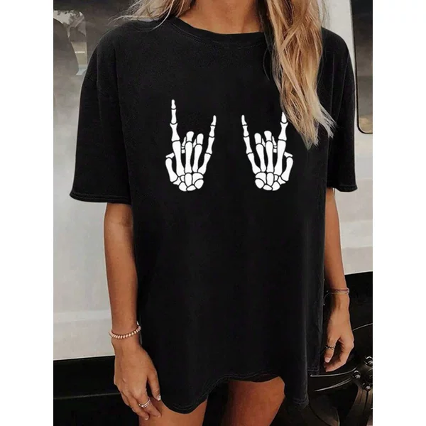 European Size Pure Cotton Black Oversized t Shirt with Skeleton Hands Rock Sig
