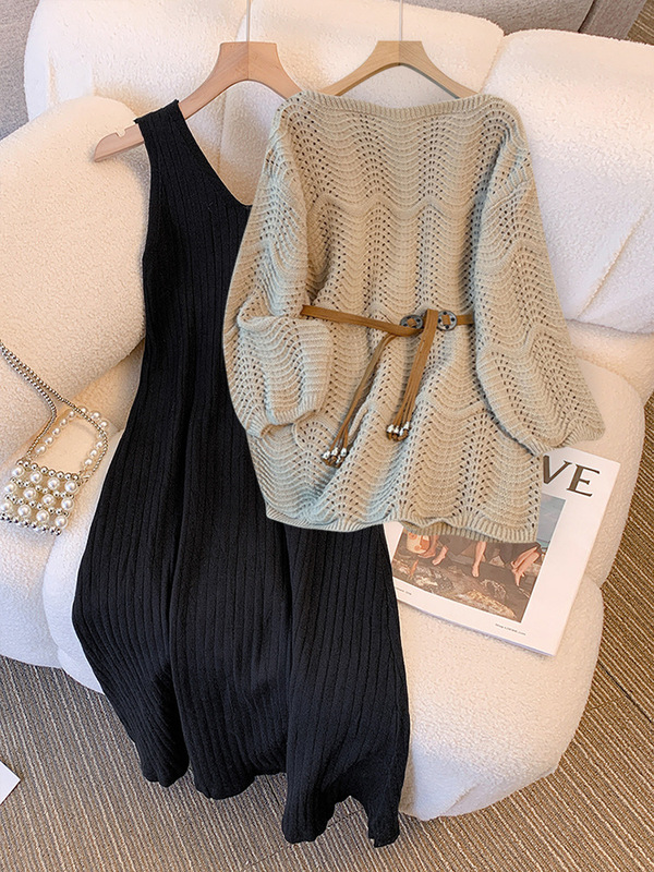 Autumn Outfit Set for Women Plus Size Korean Style Age-Reducing Lazy Style Hollow Knitted Sweater Suspender Skirt Suit