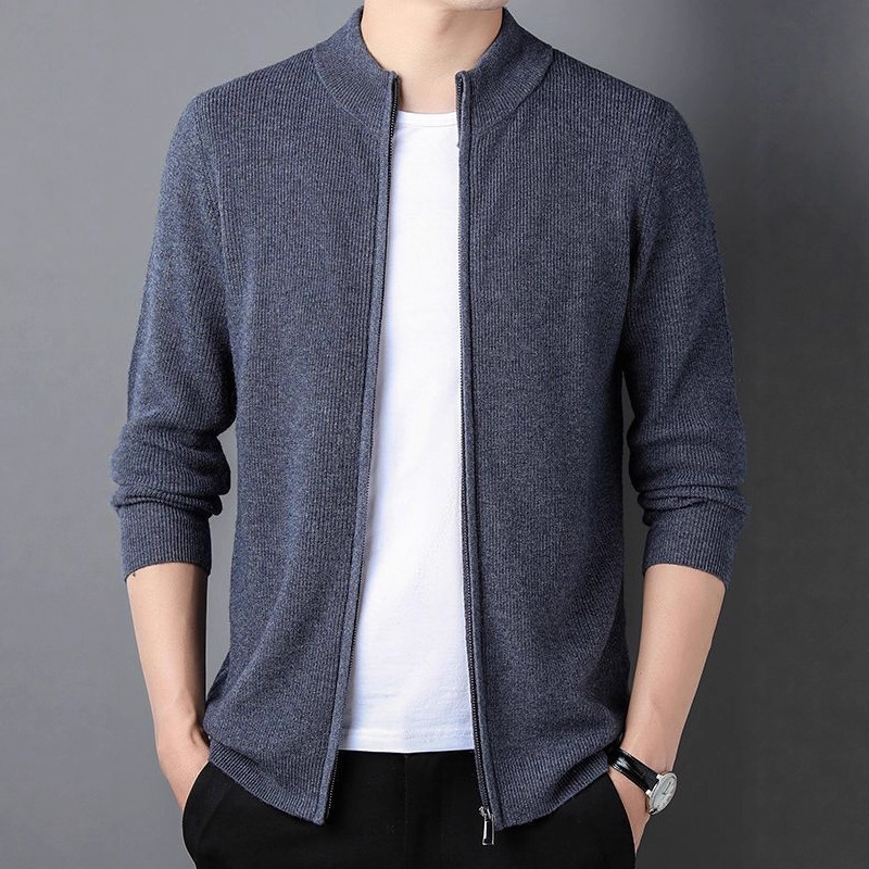 Autumn Men's Jacket Full Wool New Striped Stand Collar Wool Sweater Long Sleeve Zipper Knit Trendy Cardigan Wholesale