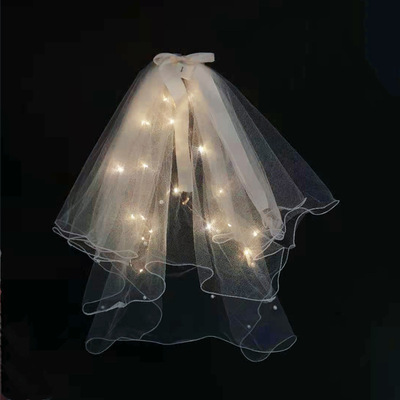 网红发光头纱双层珍珠蝴蝶结闪灯网红拍照头饰婚礼派对表演头饰批|ms