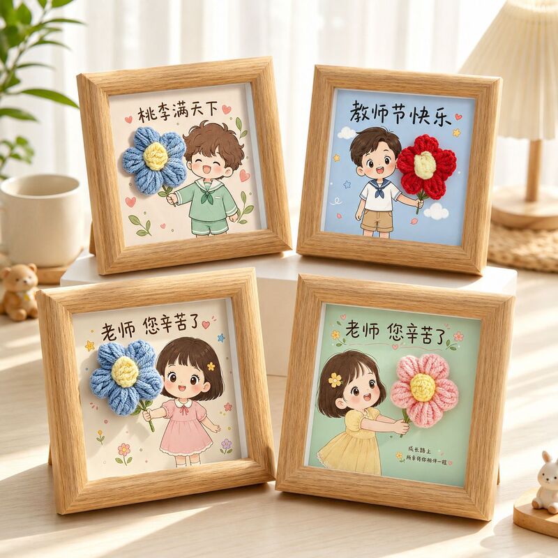 Teacher's Day Creative Knitted Yarn Sunflower Mini Photo Frame Decorative Painting Office Gift Ornament Practical Present