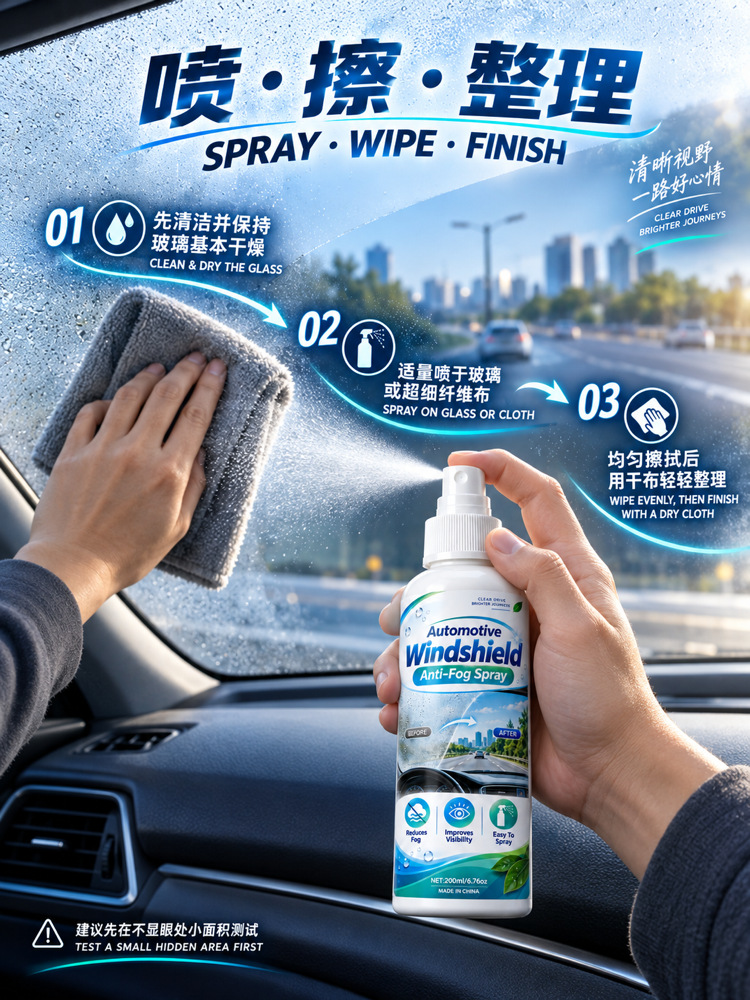 Car windshield anti-fog spray, automotive glass anti-fog spray, de-fogging agent, waterproof anti-fog spray, hydrophilic film for car glass