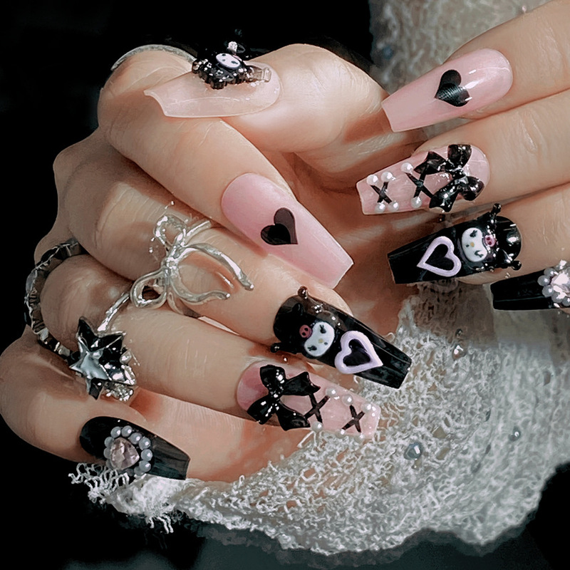 Black and Pink Cartoon Handmade Wearable Nails Finished Dark Cute Fake Nails Manicure Stickers Removable Nails U80