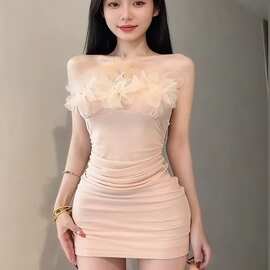 【胸垫➕防滑条】纯欲风立体花朵拼接抹胸包臀连衣裙2026夏季新款