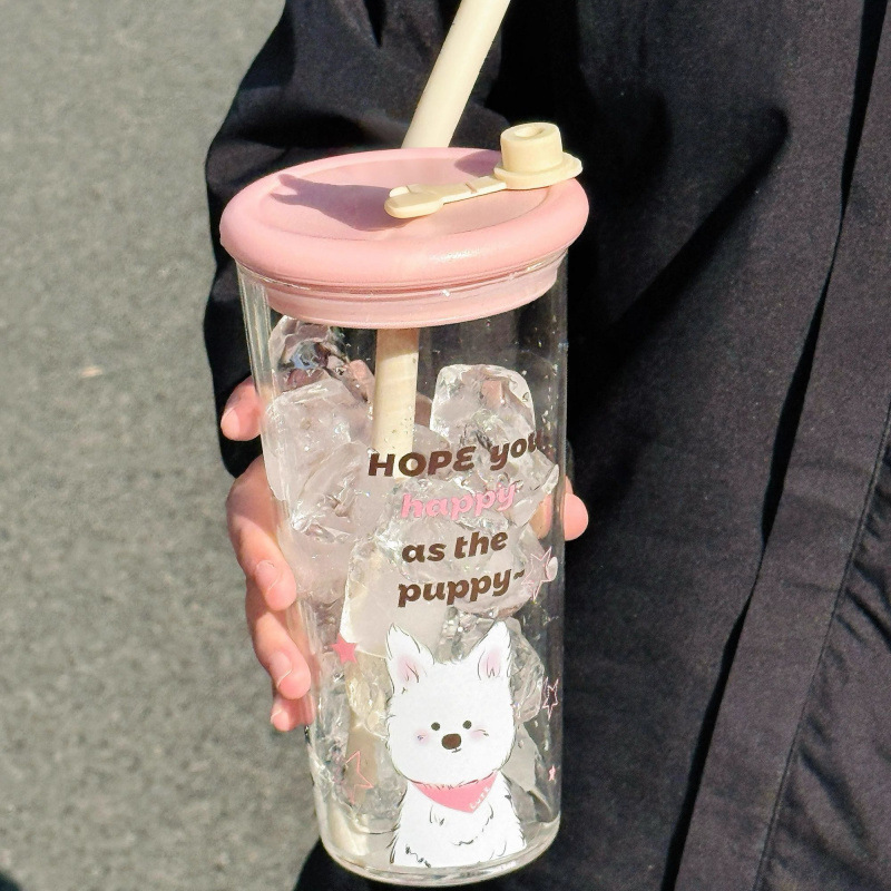 かわいい子犬のグラス大容量2025新型学生高颜値コップストロー付き夏コップ携帯|undefined