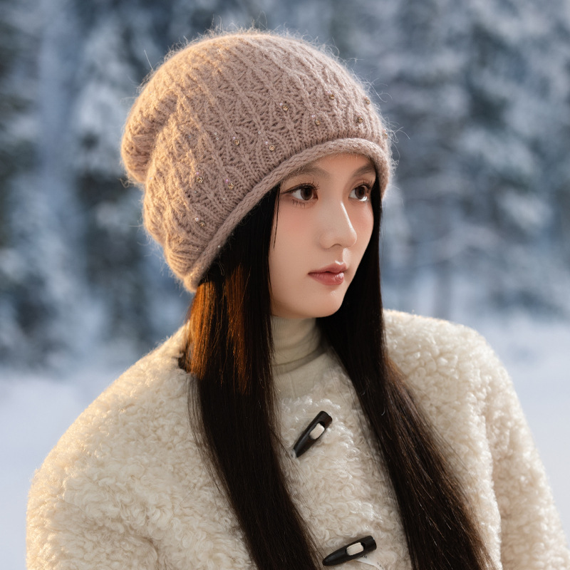 帽子女秋冬时尚百搭大头围兔毛保暖帽韩版加绒加厚防风针织毛线帽|undefined