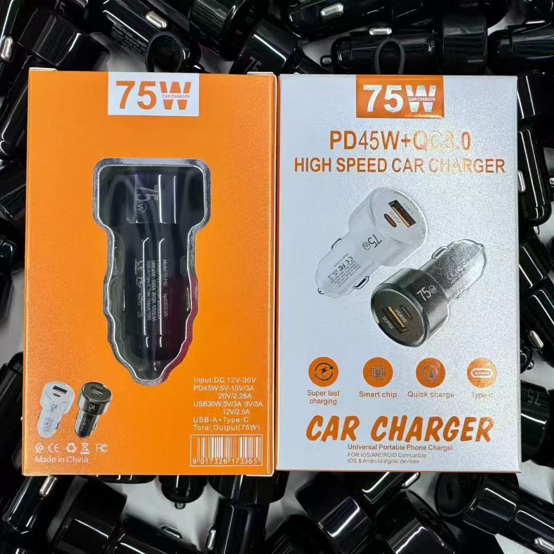 Cross-Border Exclusive Supply of 75W Car Charger A+C Dual-Port Car Phone Charger with Dual Fast Charging Usb+Pd Cigarette Lighter