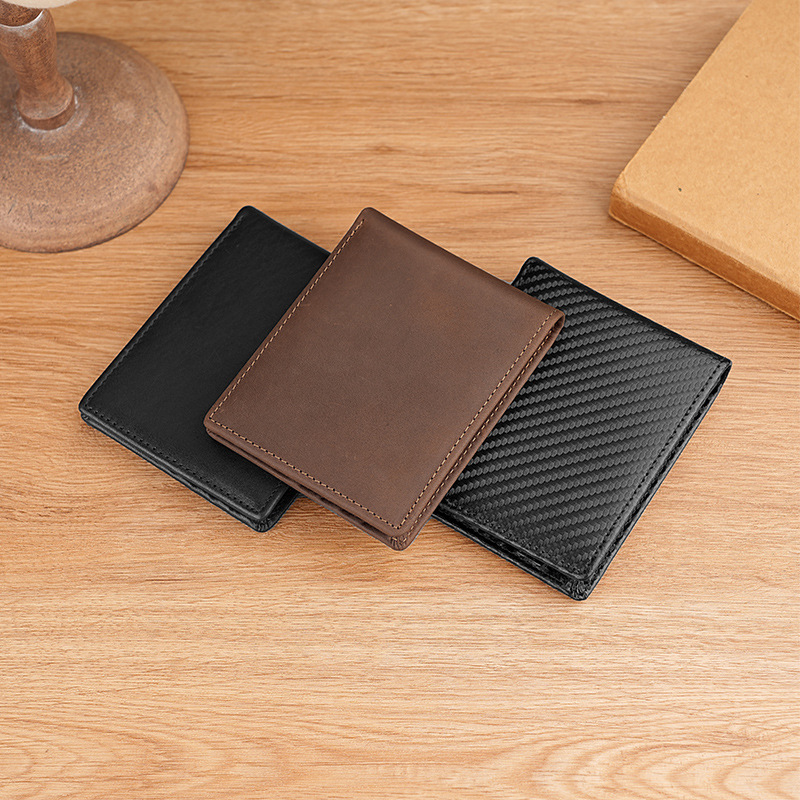 New men's wallet crazy horse leather leather Europe and the United States money clip RFID carbon fiber grain cowhide men's anti-magnetic card holder_voghion.com