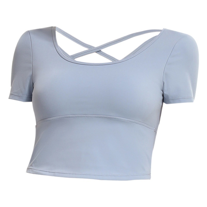 Europa y América deportes cortos de manga corta Camiseta de las mujeres corriendo con la almohadilla del pecho Cruz belleza espalda yoga chaleco apretado fitness top