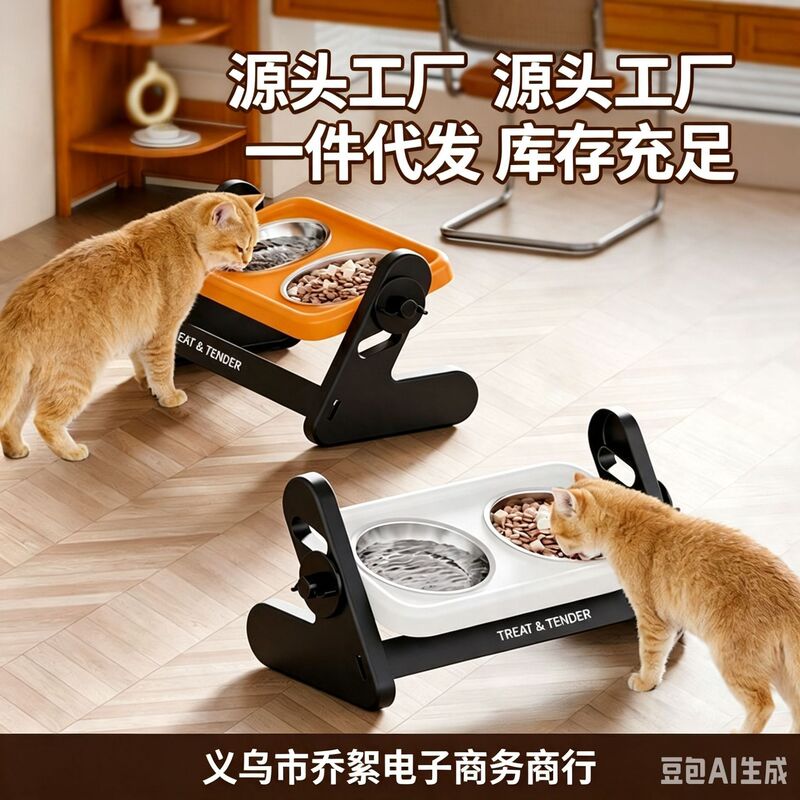 Cat Bowl Pet Stainless Steel Double Bowl Adjustable Height Cat Neck Protection Elevated Double Bowl Dog Stainless Steel Pet Bowl
