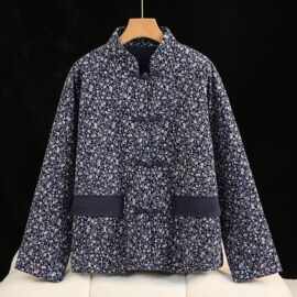 中式棉服女2026冬季夹棉棉袄盘扣保暖禅茶服碎花民族风复古文艺