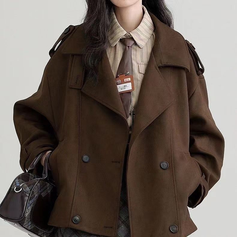 2026 Early Winter New Style Coffee-Colored Suede Cardigan Jacket for Women with a Unique Design, Stand Collar, Short Workwear Windbreaker Trend