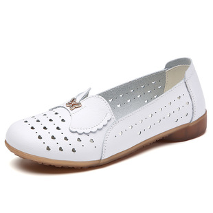 New Versatile Shallow Mouth Round Toe Flat Sandals for Women Spring and Summer Genuine Leather Hollow Breathable Mary Jane Shoes for All Seasons